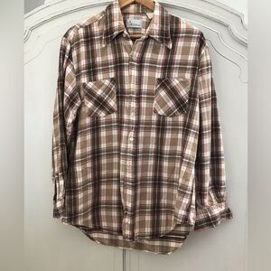Vintage Wilshire 100% Cotton Mens Cream Brown Tan Plaid Woven Flannel Size M